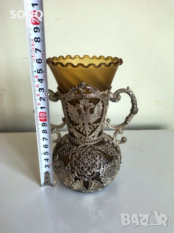 Страхотна Стара Ваза От Кехлибарено Стъкло И Филигран, снимка 6 - Антикварни и старинни предмети - 53731889