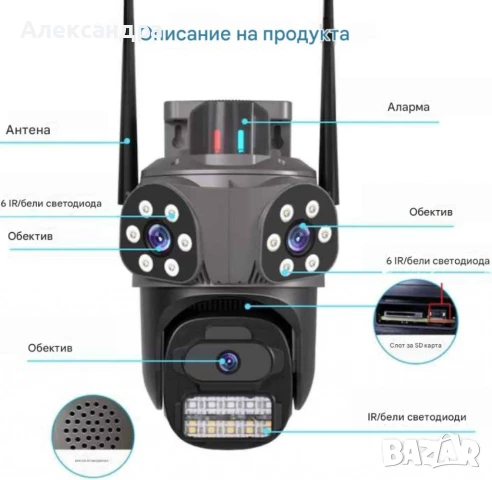 Тройна външна WiFi камера 9MP с аларма, 24 диода, iCSee, 64GB памет, снимка 9 - IP камери - 51049781