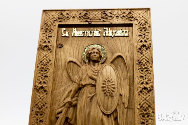 Висококачествена позлатена икона на Свети Архангел Михаил от дърво с 9-каратно злато, снимка 5 - Икони - 46006236