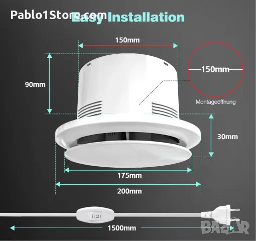 Вентилатор за баня SLUELI 150 мм с превключвател, подобрен тих и мощен вентилатор за изсмукване на б, снимка 2 - Други стоки за дома - 48654005