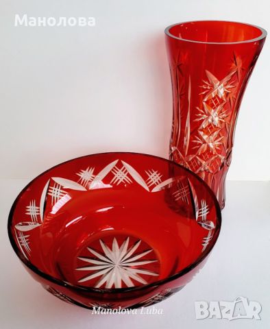 Рубинено червени, кристални ваза и купа Ilguciems Glass Factory., снимка 2 - Антикварни и старинни предмети - 46301937