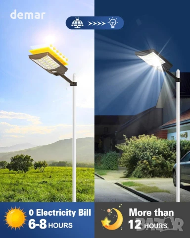 Worshow Соларна улична лампа 1000W, сензор за движение - 864LED 6500K, дистанционно, IP65, снимка 4 - Соларни лампи - 51157192