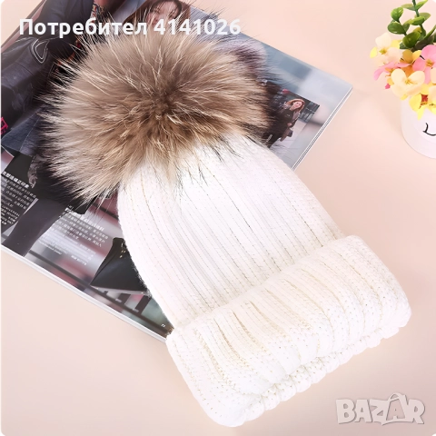 Зимна дамска шапка с естествен пух, снимка 4 - Шапки - 52616732