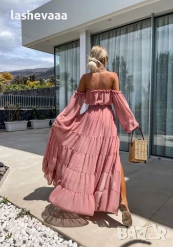 Дамски комплект топ и дълга пола с цепка в пепел от рози, снимка 3 - Костюми - 46753896