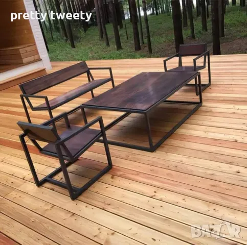 Градински комплект от метал и дърво - маса с две пейки, снимка 5 - Градински мебели, декорация  - 49684646