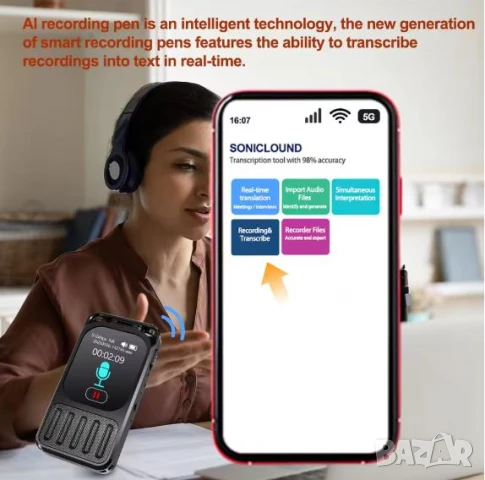 Bluetooth5.3 ИИ Диктофон Преводач Изкуствен Интелект Реч>Текст>Обобщаване APP Контрол Сензорен Екран, снимка 8 - Други - 50617215