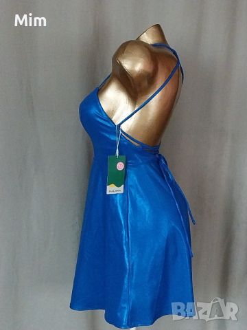  HALARA S Синя еластична рокля с брокатен отблясък, снимка 3 - Рокли - 45444808