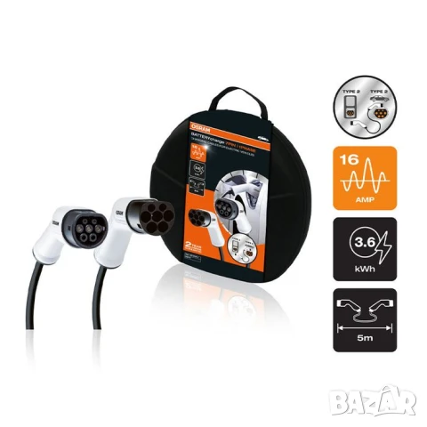 Кабел Osram за зарядно на електромобил с 7 пина тип 2 към тип 2 240V, 16A, 3.6KW