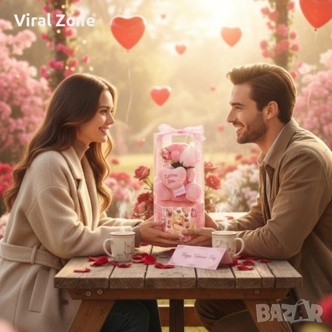 Подаръчен комплект с плюшено мече и надпис „Love you“ в прозрачна кутия, снимка 5 - Подаръци за жени - 53128052