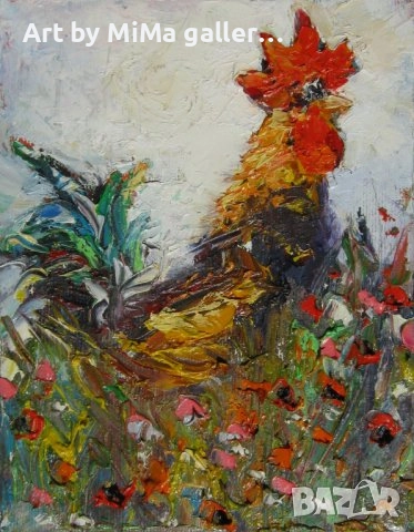 Петли, петлета, петел, петле, Мима / Art by MiMa, картина, rooster oil on canvas painting, снимка 9 - Картини - 32023922