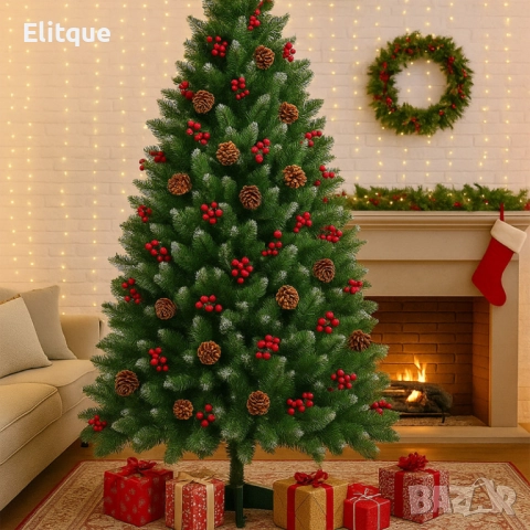 Изкуствена елха Luxury Diamond с червен глог и шишарки. 