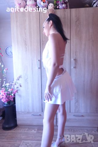 Бяла  рокля за спортни танци с ресни и кристали, снимка 2 - Детски рокли и поли - 46407818
