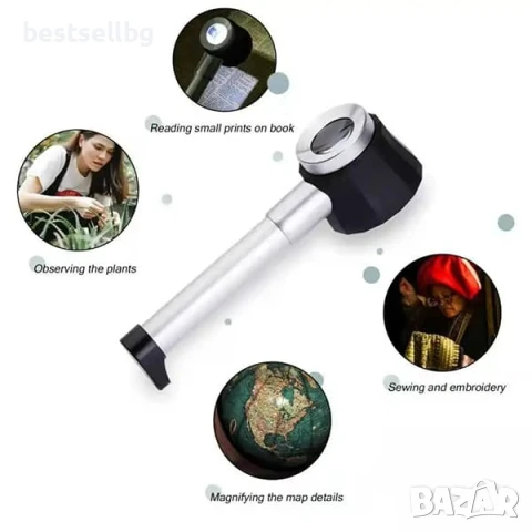 Мощна ръчна увеличителна лупа микроскоп 20X увеличение LED осветление със скала печетарска бижута, снимка 6 - Други инструменти - 51204269