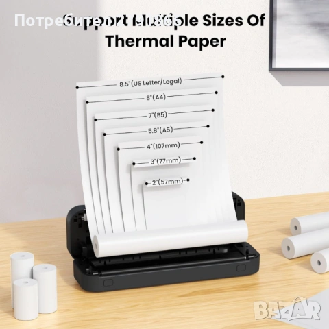 Преносим принтер,ByteCintia Bluetooth термопринтер акумулаторен,съвместим с Android и iOS или лаптоп, снимка 4 - Принтери, копири, скенери - 53923158