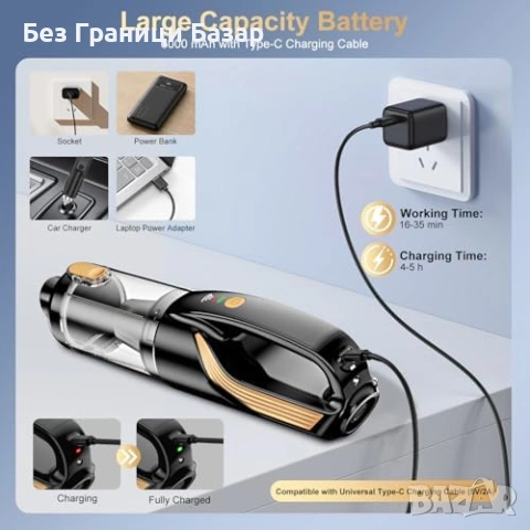 Нова Автомобилна прахосмукачка 4 в 1 27000Pa с 12V адаптер 5 м почистване кола дом, снимка 5 - Прахосмукачки - 54208047