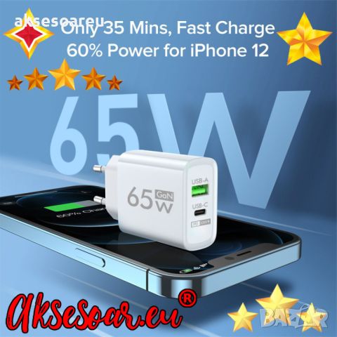 Бързо GaN USB Type C зарядно Quick Charge 3.0 65W PD за iPhone Huawei Xiaomi Samsung EU Plug захранв, снимка 3 - Резервни части за телефони - 46293554