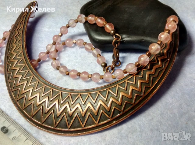 РАЗКОШНА ОРНАМЕНТИРАНА МЕДНА ОГЪРЛИЦА с РОЗОВ КВАРЦ РЕТРО АРТ БИЖУ 41793, снимка 2 - Колиета, медальони, синджири - 51371662