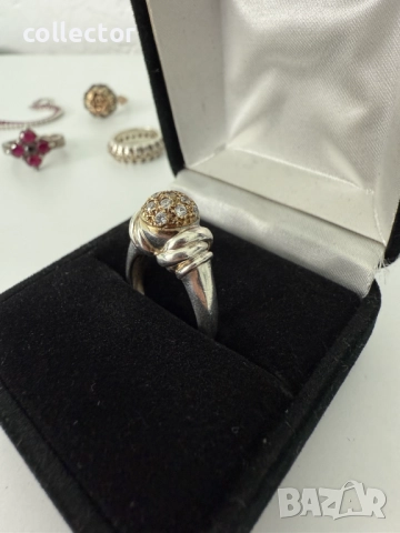 Дизайнерски сребърен пръстен с злато и сваровски. №7635, снимка 5 - Пръстени - 52502163