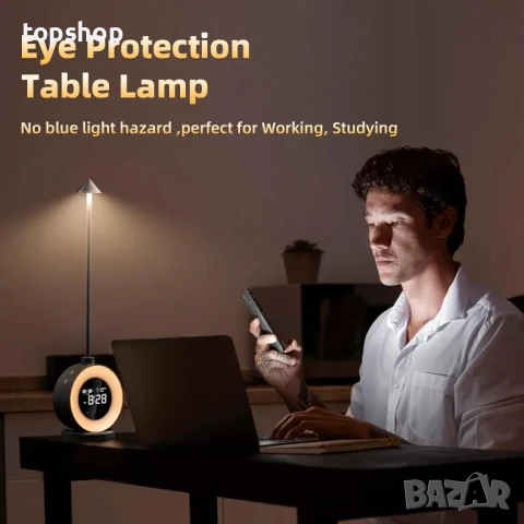 НОВА LED настолна лампа с часовник, димируема нощна лампа, сензорна с бял шум, 2 аларми, RGB..., снимка 3 - Настолни лампи - 50494936