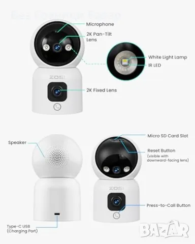 Нова смарт 2K WiFi камера 360° с двойни обективи и нощно виждане, снимка 7 - IP камери - 47457392