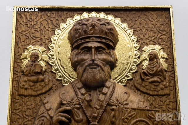 Релефна икона на Свети Николай Чудотворец – позлатена с варак, снимка 5 - Икони - 53223929