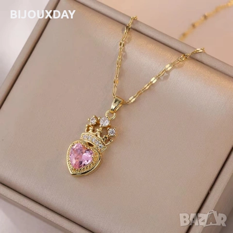 колие розово сърце с корона от медицинска стомана с 18 карата златно покритие