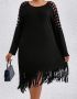 Макси красива модерна еластична рокля с ресни и ефектни процепи на ръкавите в наситено черно, снимка 1 - Рокли - 45436164
