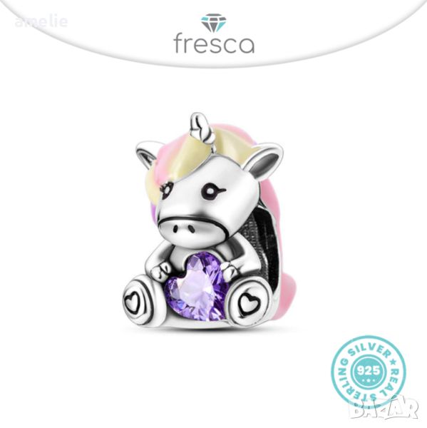 Талисман сребро 925 Fresca по модел тип Pandora Rainbow Unicorn. Колекция Amélie, снимка 1