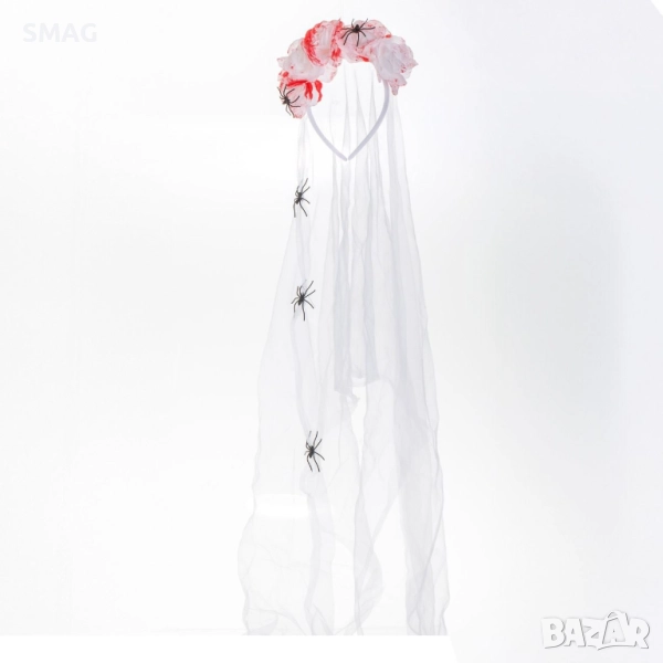 Диадема Halloween с кървави рози и бял тюл с паяци_1256037, снимка 1