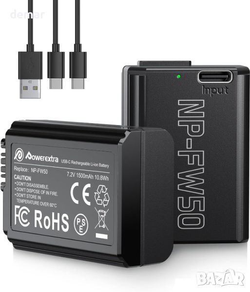 Батерия Powerextra NP-FW50 с USB Type-C бързо директно зареждане за камера Sony, 2 броя, снимка 1