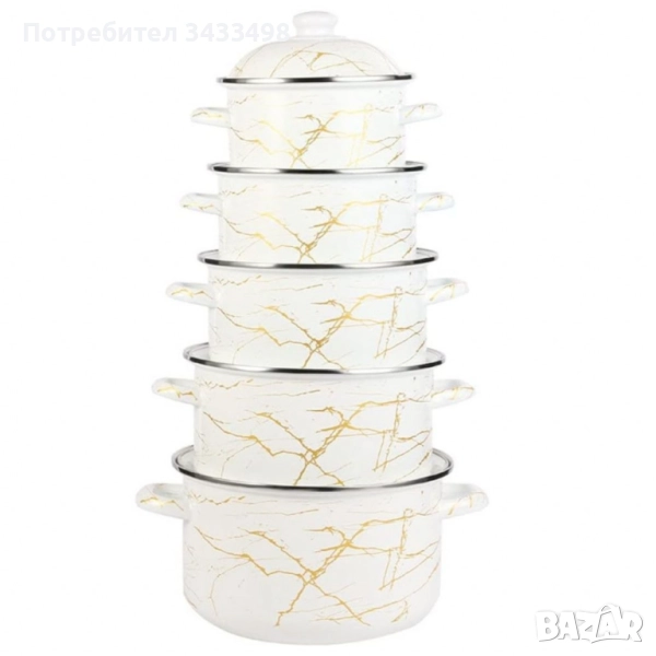 Комплект от 5 многослойни емайлирани тенджери с кристални капаци, снимка 1