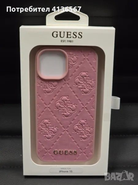 Защитен калъф Guess с метално лого PU,  за iPhone 15, розов, снимка 1