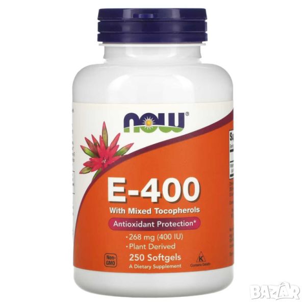 Now Foods Витамин E-400 със смесени токофероли, 268 мг, 250 дражета, снимка 1