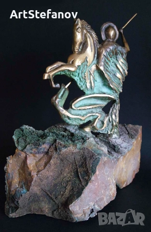 Свети Георги, скулптура, бронз върху основа яспис , снимка 4 - Статуетки - 53338125