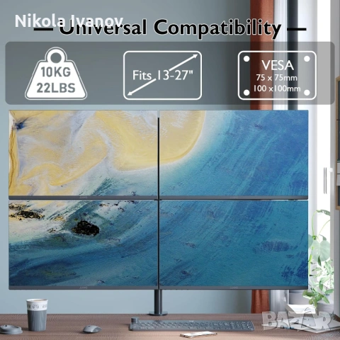 Чисто нова стойка за 4 Монитора | 13-27 инча | Vesa 75x75 и 100x100 | 2 начина на закрепване | stand, снимка 2 - Други - 54084236