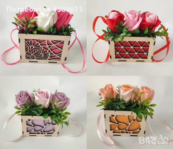 Дървена кошничка със сапунени рози, снимка 3 - Декорация за дома - 50021822