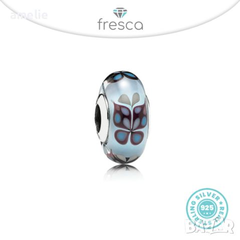 Талисман Fresca по модел тип Пандора сребро 925 Pandora Blue Butterflies Murano. Колекция Amélie, снимка 1 - Гривни - 39424771