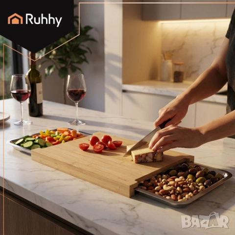 Бамбукова дъска за рязане с контейнери / Дъска за рязане с чекмеджета, снимка 3 - Прибори за хранене, готвене и сервиране - 52655868