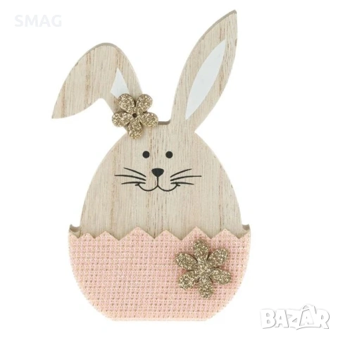Великденска дървена декоративна фигурка - зайче в яйце розови маргаритки 9x2.4x11.5 см_1233691