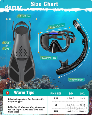Комплект за гмуркане Lealinga маска със шнорхел и регулируеми плавници, черно, S/M, L/XL, снимка 7 - Водни спортове - 44988852