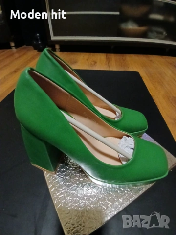 Нови елегантни дамски обувки в зелено /дебел ток и платформа/, снимка 3 - Дамски обувки на ток - 53673474