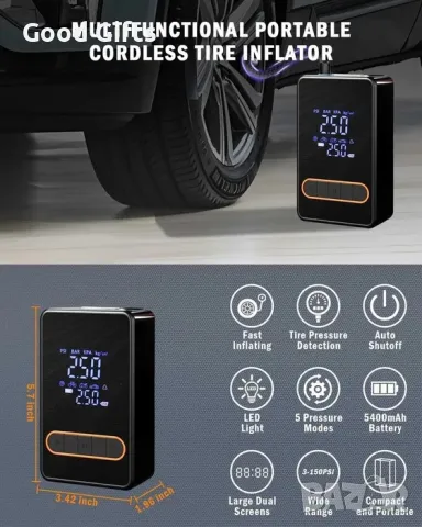 Преносим акумулаторен компресор с дисплей за помпане на гуми с детектор за налягане, снимка 5 - Компресори - 50209108