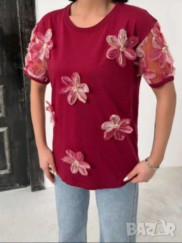 Тениска с флорал и тюл ръкав  , снимка 2 - Тениски - 50922478