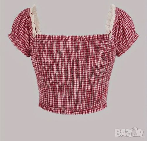 Кокетно бюстие/топ/блузка в червено бяло ситно каре/пепит, с дантела, снимка 2 - Корсети, бюстиета, топове - 46051330