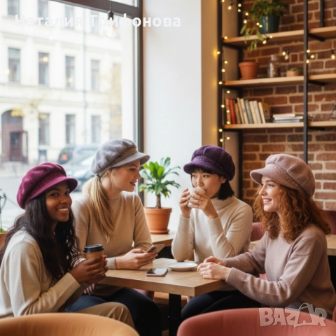 Дамска зимна плетена шапка с козирка и декоративни камъчета, снимка 2 - Шапки - 52677917