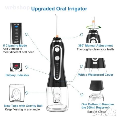 Иригатор за уста H20floss HF-6, 5 дюзи, 5 степени на налягане, Резервоар 300 мл, Черен, снимка 5 - Други - 45202086