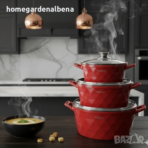 Комплект Касероли Cheffinger Diamond Design | 3 Части | Индукция, снимка 4 - Съдове за готвене - 54211771
