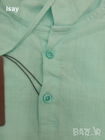 Мъжка риза с качулка ЛОРО ПИАНА минт цвят 75% лен 25% памук, снимка 6 - Ризи - 53919308
