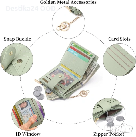 Компактен дамски портфейл с RFID защита и отделение за монети – зелен, снимка 7 - Чанти - 53727433