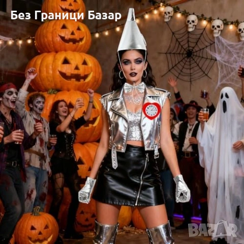Нов Хелоуин костюм аксесоари Tin Man – сребърна шапка фуния + ръкавици, снимка 7 - Други - 53646664